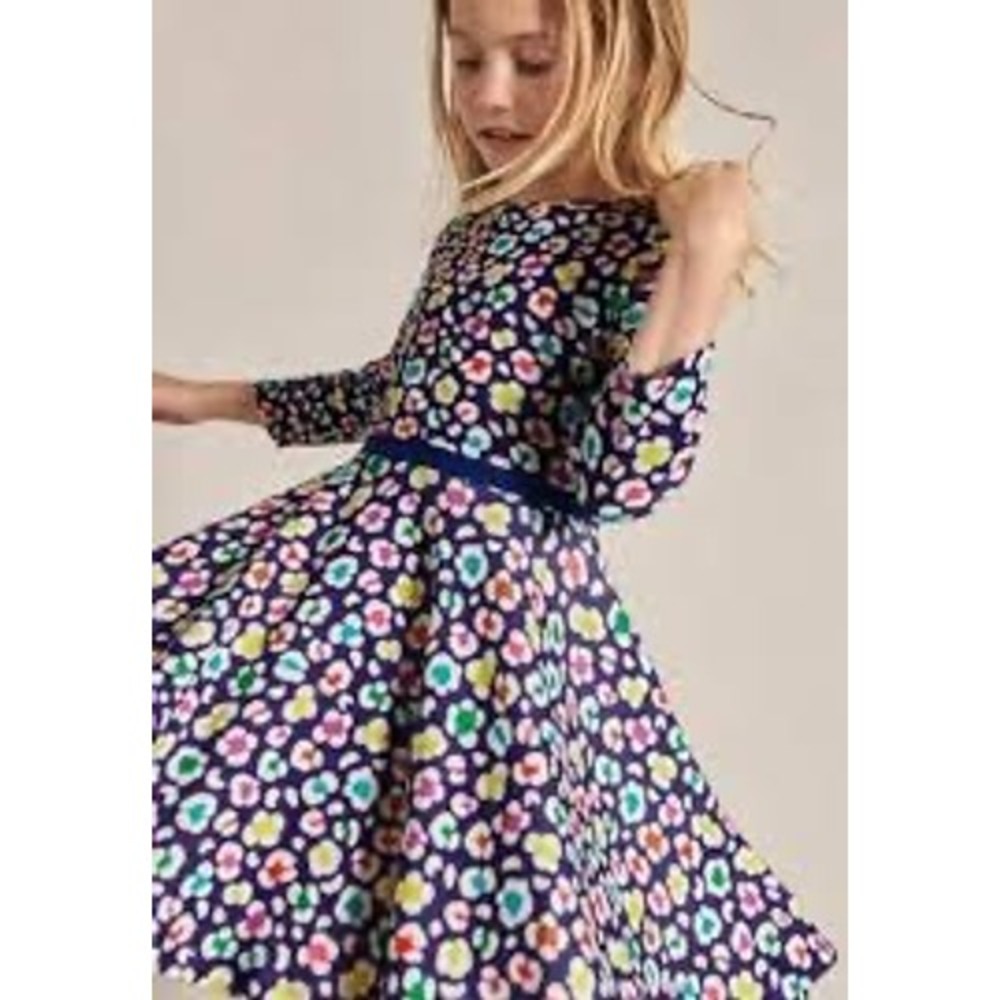 Mini Boden Girls Navy Multi Color Leopard Floral Jersey Skater Dress 9-10Y 140cm
